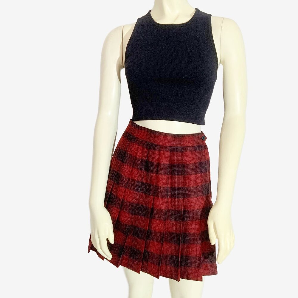 Vintage JACOB Dark Red and Black Pleated Plaid Mini-Skirt / size Extra-Small